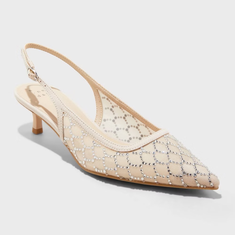 NWT a new day Gigi Kitten Heels Beige Rhinestone Sparkly Mesh Slingback 8.5
